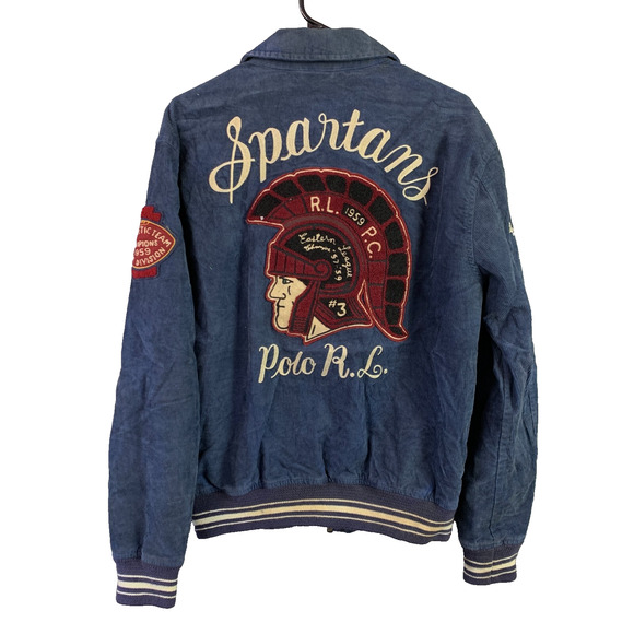 Polo Ralph Lauren Blue Corduroy Spartans Football Varsity Jacket Medium READ - Picture 1 of 16